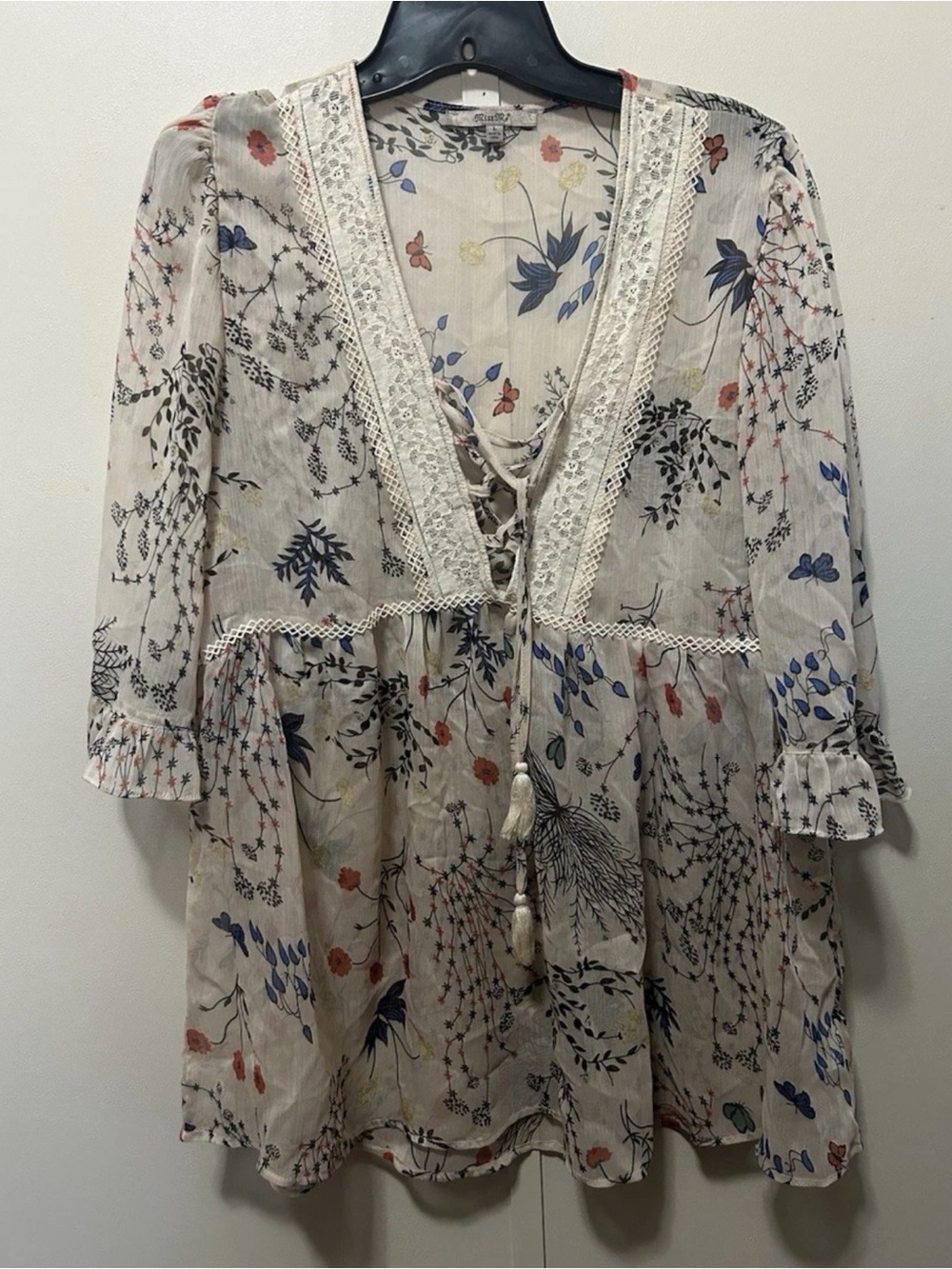 Miss Me Cream Floral Lace-Up Boho Blouse